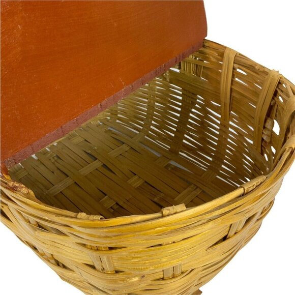 Vintage Wicker Picnic Basket With Wood Double Hinged Lid Farmhouse Style - Picture 6 of 12